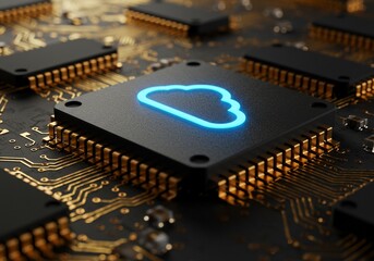 Glowing Cloud Icon on Circuit Board Microchip