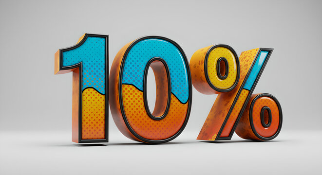 Bold 3D 10% discount symbol in retro pop art comic style with colorful halftone patterns. - Powered by Adobe