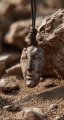 Fototapeta premium Carved stone face pendant with closed eyes, hanging against rocks