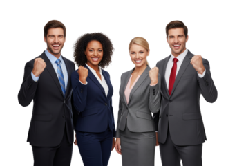 A joyful and triumphant image of four diverse business people, composed of two men and two women, standing together in a line, isolated on white or transparent background