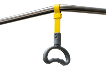 Isolated Close-up of a gray plastic passenger hand strap with yellow support strap inside public transport vehicle.