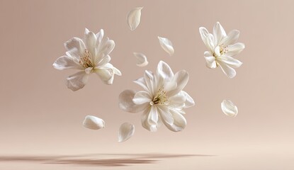 Delicate white flowers and petals suspended in mid-air against a soft beige background