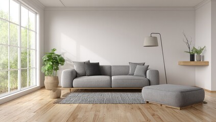 Modern minimalist living room with large window