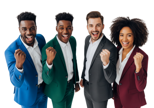A joyful and triumphant image of four diverse business people, standing together in a line, isolated on white or transparent background