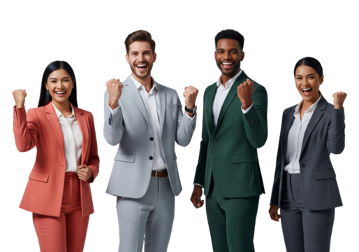 A joyful and triumphant image of four diverse business people, composed of two men and two women, standing together in a line, isolated on white or transparent background - Powered by Adobe