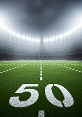 Vibrant green football field illuminated by powerful stadium lights under a dramatic sky, ready for a thrilling game at night