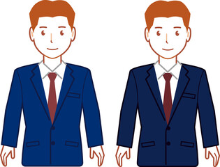 ネイビースーツ、ベリーショートの両手を下ろす若い男性