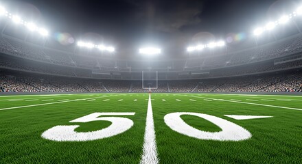 Epic low angle view from the 50 yard line of a professional football field under bright stadium lights before a major game