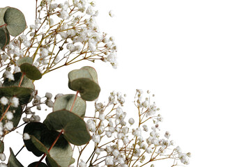 Close-up bouquet of eucalyptus and small white flowers