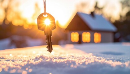 Silver house key shining under golden winter sun over snow symbolizing new home purchase, holiday gift, security, milestone, warmth of family gathering and festivity
