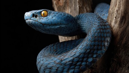 Close-up of a vibrant blue venomous snake coiled around a tree branch