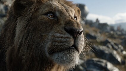 Naklejka premium Close-up of a lion's head, gazing upward, against a rocky mountain backdrop. Detailed fur texture and amber eyes. Natural light illuminates the scene