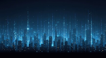 A futuristic cityscape at night, illuminated by glowing, blue-toned light beams.  Silhouetted city buildings are connected by a network of light streaks, creating a digital, vibrant atmosphere