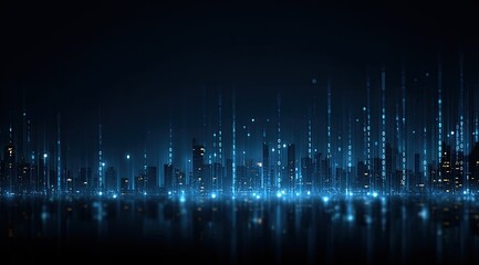 Digital cityscape at night, glowing with blue light.  Abstract, blurred buildings reflected on dark water.  Connecting lines