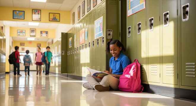 Smiling African American schoolgirl reads intently by green lockers in a sunlit corridor, embodying dedicated learning and a calm school environment.