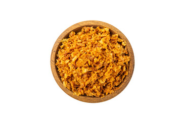 Crispy fried onion isolated on white background. Roasted Onions. Seasoning for dishes. Spices. Salad dressing. Space for text. Copy space