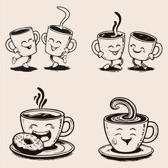 Animated coffee mugs with playful faces.