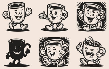 Cartoon coffee cups with arms and legs, each with expressive faces and dynamic poses, convey a lively and playful tone.