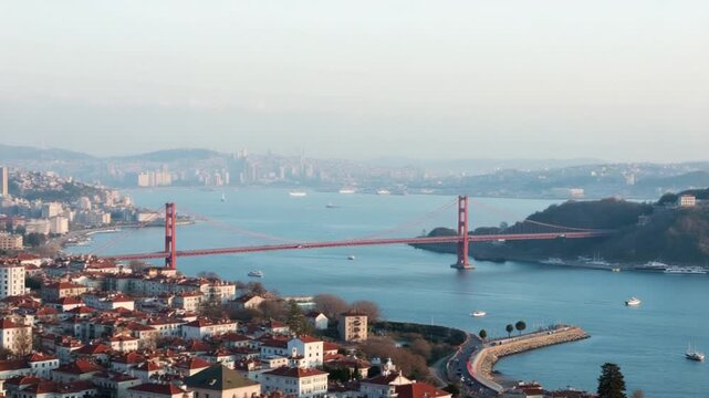 Drone view of the city center, the Golden Bridge and the Golden Horn Bay