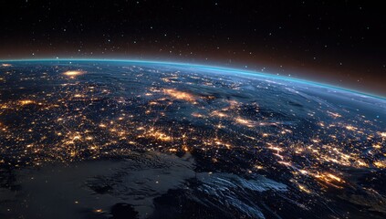 Fototapeta premium Earth at night, North America highlighted. Vast expanse of illuminated cities stretching across a dark blue planet, dotted with stars.