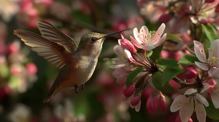 Naklejka premium Hummingbird hovering near a cluster of spring blossoms, motion capture