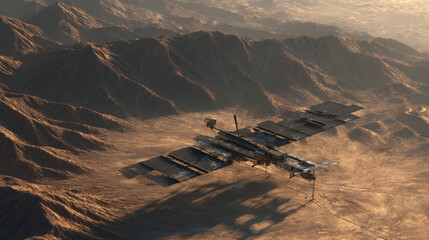 lander deploying antenna array on rugged mare terrain low sun casting long shadows crisp detail illustration concept scene visual for commercial design use high detail quality stock image illustration