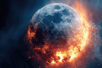 Obraz premium A fiery, destructive impact on the moon. Cosmic debris and intense flames surround a moon, highlighted by a dramatic, celestial backdrop