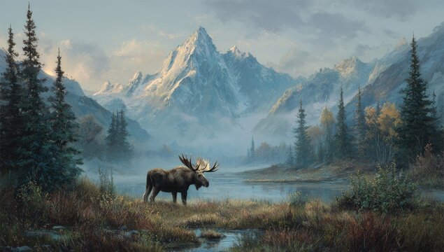 Majestic moose by a misty mountain lake. Misty autumnal landscape with towering snow-capped peaks. A lone moose stands by the tranquil lake