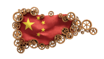 Chinese flag draped with gears