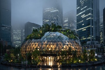 Fototapeta premium Modern geodesic dome structure, surrounded by high-rise buildings, in a city with a misty atmosphere. Glass, plant life, and light fill the dome