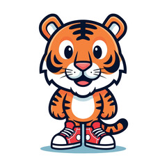 Adorable cartoon tiger character wearing sneakers standing and smiling for children's designs vector