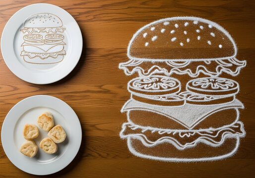 Creative artist crafts detailed hamburger illustration using salt on a wooden table, inspiring culinary artistry and imaginative food presentation for vibrant dining experiences