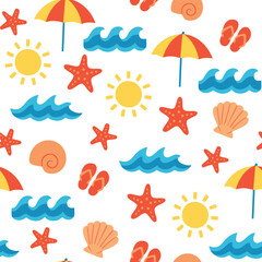 Seamless summer pattern with suns, seashells, starfish, waves, and umbrellas. Bright playful design in orange, yellow, and turquoise, perfect for beach, holiday, and vacation themes.
