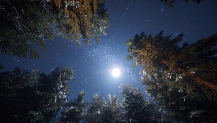 Night sky through a wintry forest canopy