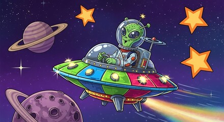 Cartoon Alien Piloting Colorful Spaceship Through Starry Galaxy with Planets.