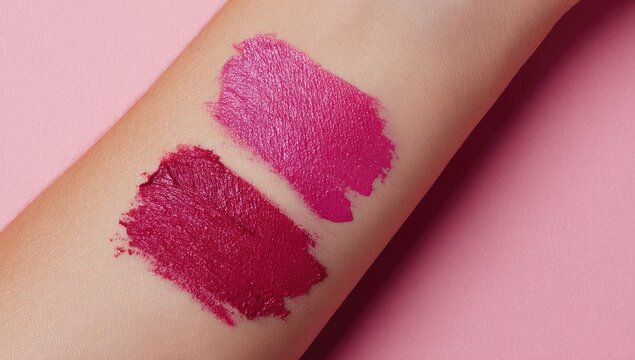 Arm swatches of two vibrant lipstick shades on skin against a pink backdrop - Powered by Adobe