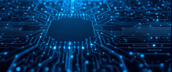 Close-up of a blue computer circuit board with intricate patterns and connections.