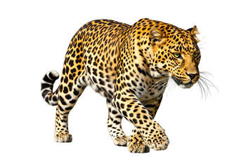 Obraz premium A striking leopard, spotted with golden and black patterns, strides confidently against a stark black background.