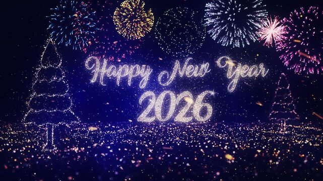 Happy New Year 2026 text with Christmas Tree and snowy, twirly particles and fireworks background