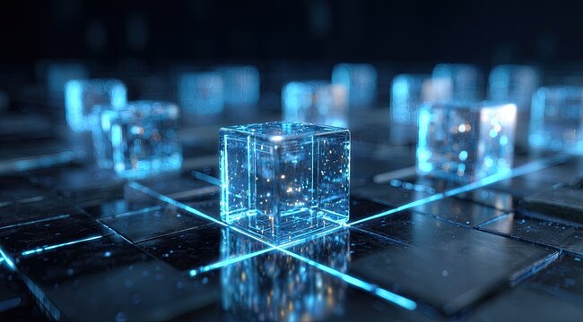 Abstract digital cubes on a grid.  Transparent, glowing blue cubes arranged in a grid pattern on a dark, reflective surface.  Interconnected by glowing lines