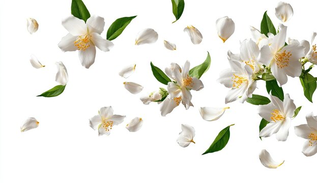 Delicate jasmine blossoms and petals in mid-air, against a pure white background