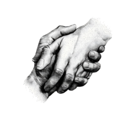 Two hands clasped in a grayscale image