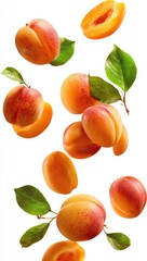 Apricots in flight, vibrant orange-red halves and whole fruits, with fresh green leaves, cascading against a pure white background