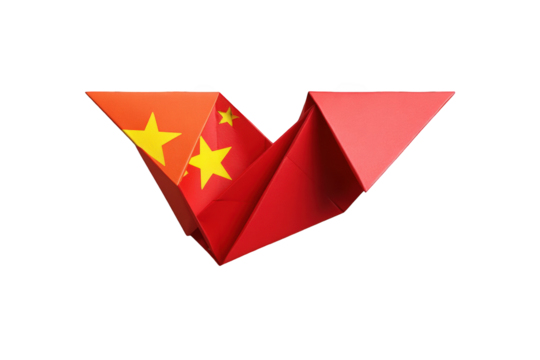 Origami paper airplane, red and orange, Chinese flag motif