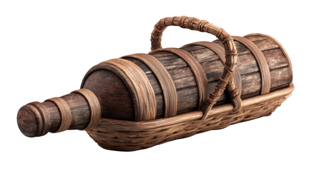 Rustic wine bottle in a wooden basket