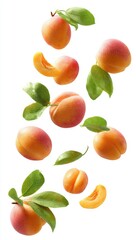 Fresh apricots in mid-air, with leaves,  against a white background