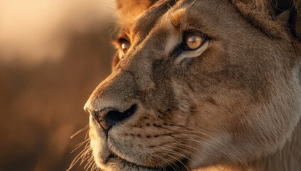 Close-up profile of a lioness, golden light