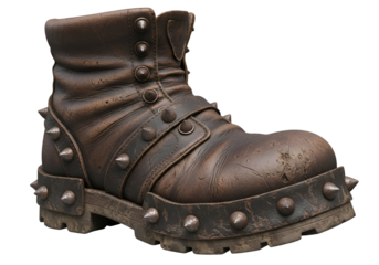 A detailed, highly textured, brown leather boot with metal studs and rivets, showcasing a rough, worn appearance against a stark black background.