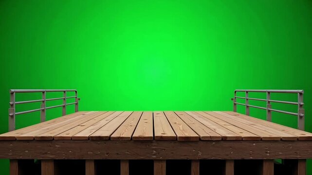 Empty wooden deck with railing against a vibrant green background, ready for compositing.