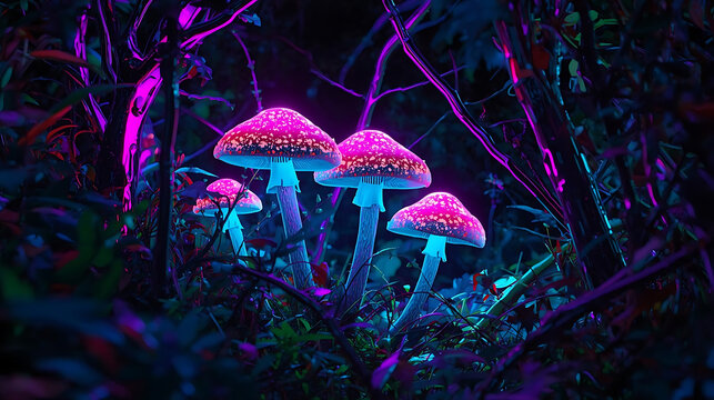 Bioluminescent mushrooms glowing with vibrant pink and blue light in a dark, magical forest at night.